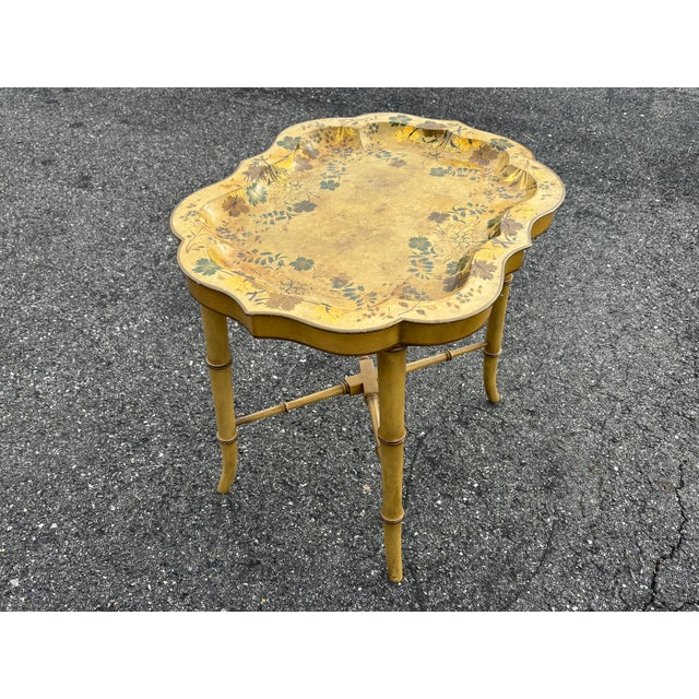 Mid 20th C. Hand Painted Mustard Yellow Tole Serving Tray on Fitted Faux Bamboo X Base Stand For Sale - Image 6 of 11