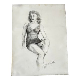 1944 Figure Study Drawing Pencil on Paper 19x25 For Sale
