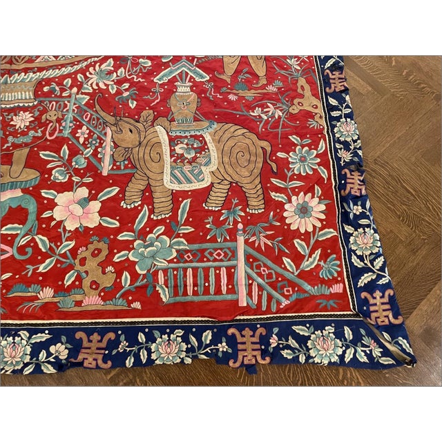 Red A Massive Chinese Red Ground Embroidered Silk Wall Panel, Late Qing Dynasty For Sale - Image 8 of 15