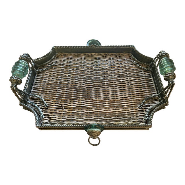 Late 20th Century Maitland-Smith Style Wrought Iron and Wicker Tray For Sale