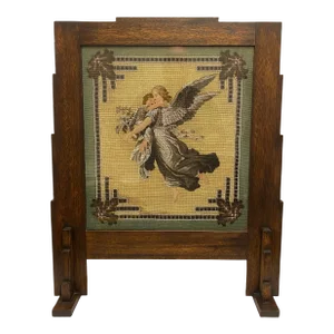 Antique Victorian Mahogany Hand Beaded Fire Screen, 19th Century