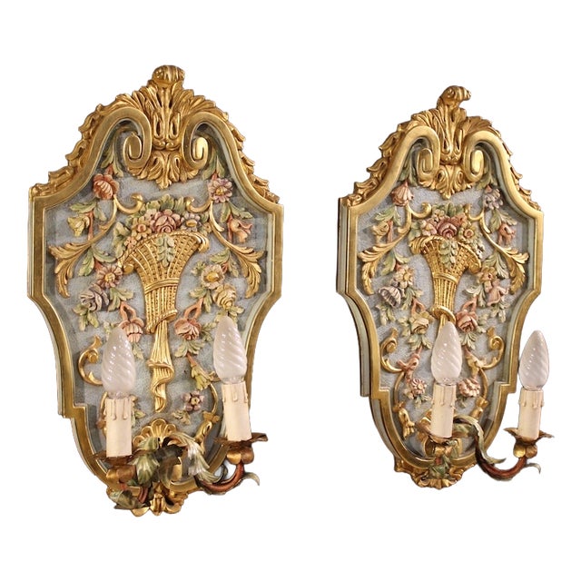Louis XVI Italian Lacquered and Gilded Wall Lamps, 1960s, Set of 2 For Sale