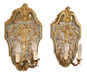 Louis XVI Italian Lacquered and Gilded Wall Lamps, 1960s, Set of 2