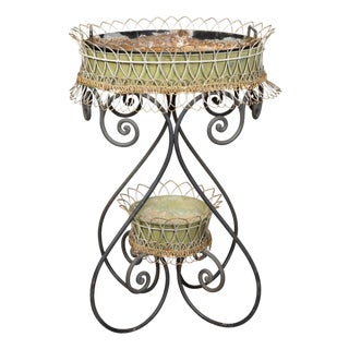 French Turn of the Century 1900s Two-Tiered Green Painted Oval Jardinière For Sale