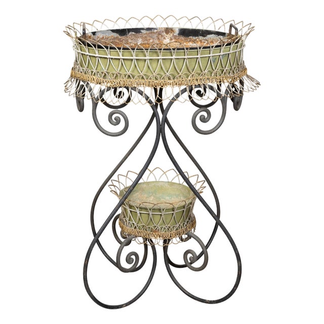 French Turn of the Century 1900s Two-Tiered Green Painted Oval Jardinière For Sale