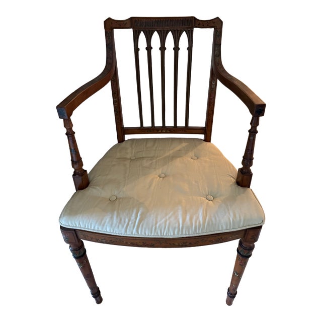 Early 20th Century Edwardian Satinwood Floral Painted Armchair With Cane Seat For Sale