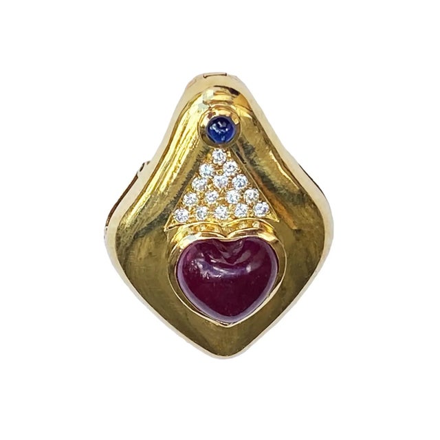 Mid-Century Modern 18k Mid Century European Heart Cut Cabochon Ruby and Diamond Enhancer Pendant For Sale - Image 3 of 9
