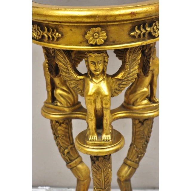 Wood Late 20th Century Egyptian Revival Gold Giltwood Marble Top Sphinx Pedestal Side Table Plant Stand For Sale - Image 7 of 12