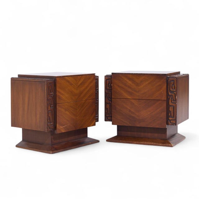 United Mid Century Walnut Tiki Brutalist Nightstands - Pair Each nightstand measures: 24 wide x 16 deep x 22.25 inches...