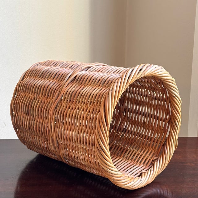 Rustic European Vintage Boho Natural Wicker Wastepaper Basket For Sale - Image 3 of 15