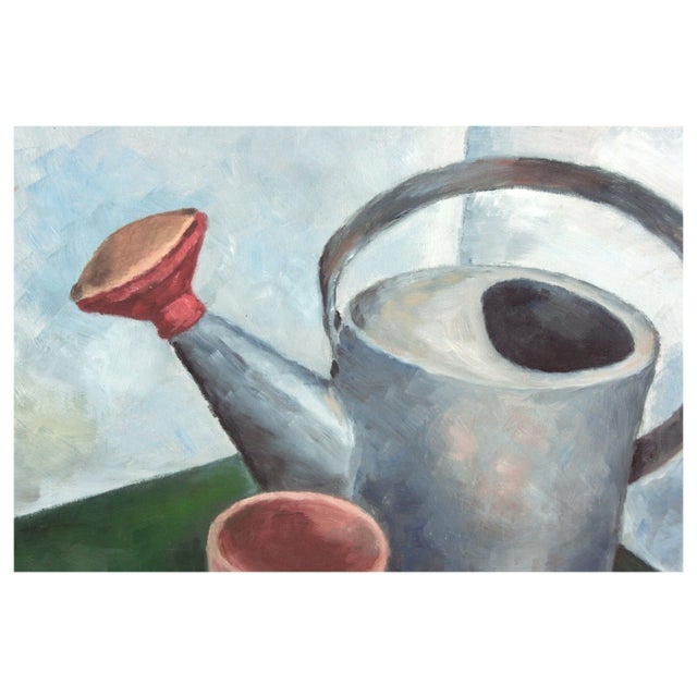 Mid century gardener's still life of watering can and terracotta pot by San Francisco, California artist Eleanor Perry...