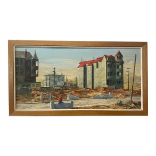 Vintage Stark Cityscape W/ Lone Figure Oil Painting by R. Roberts C.1960 For Sale