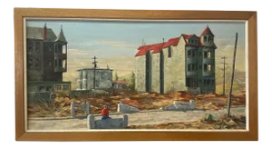 Vintage Stark Cityscape W/ Lone Figure Oil Painting by R. Roberts C.1960