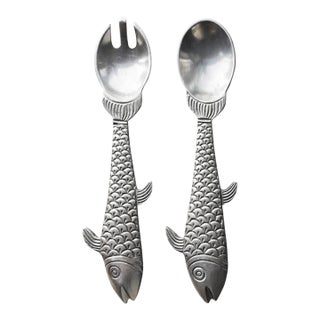 Vintage Fish-Shaped Salad Servers | Nautical Metal Serving Set For Sale