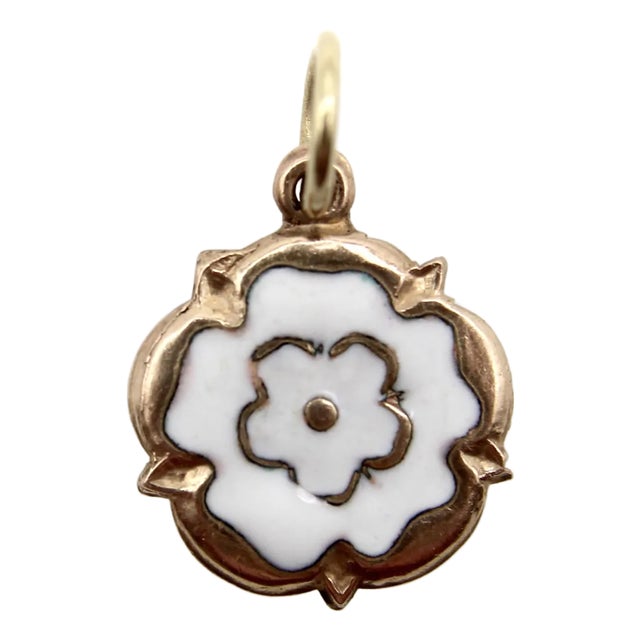 1970s Vintage 9k Gold and White Enamel Tudor Rose Charm For Sale