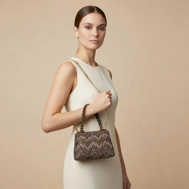 Contemporary 1960s Luxury Brown Woven Cotton and Brass Italian Evening Bag For Sale - Image 3 of 18