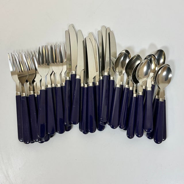 Mid-Century Modern 1970s Vintage Contemporary Boho Chic Navy Stainless Steel Flatware - Set of 36, Service for 12 For Sale - Image 3 of 10