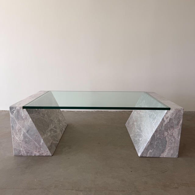 Mid-Century Modern Vintage 1980s Postmodern Marble Stone and Glass Coffee Table For Sale - Image 3 of 11