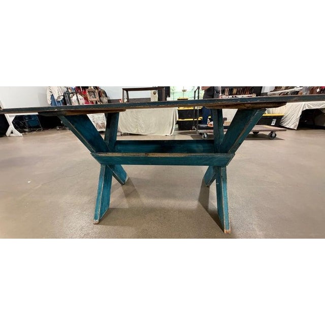 Folk Art 19thc Scrub Top Blue Painted Trestle Table For Sale - Image 3 of 9