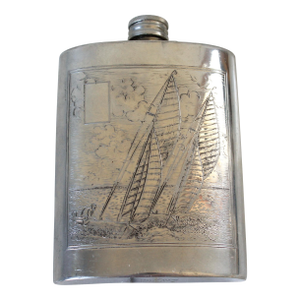 Vintage English Pewter Nautical Ship Hip Flask