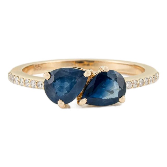 Modern 14k Gold Toi Et Moi Ring Size 6.5 With 1.45ct Blue Sapphire & Diamonds For Sale