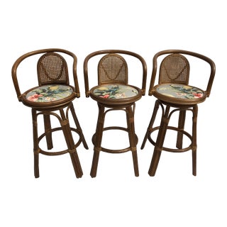 Vintage Mid Century Rattan and Cane Swivel Barstools - Set of 3 For Sale