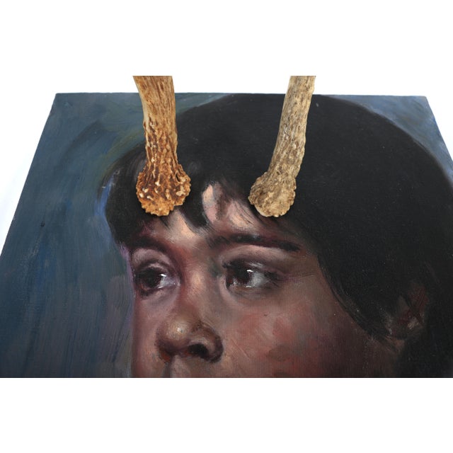 Textile 1960's Original Portrait of a Little Boy Altered With Antlers For Sale - Image 7 of 10