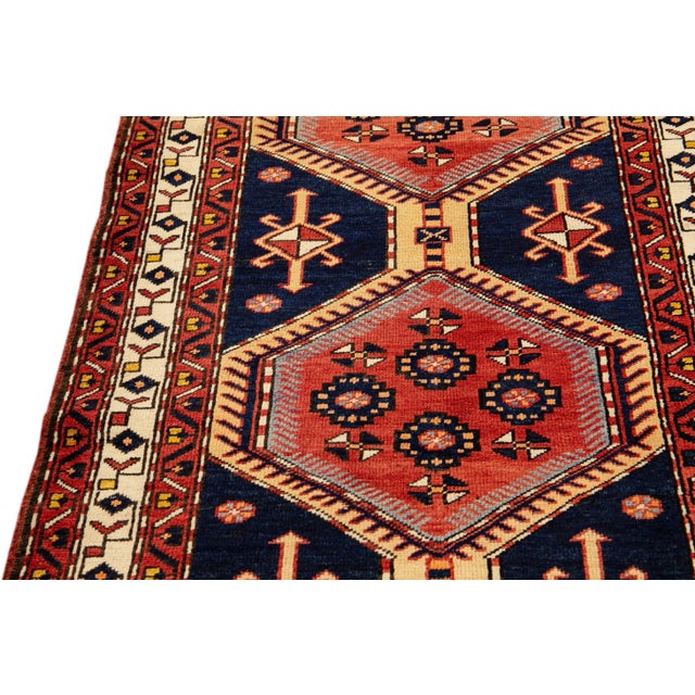 Vintage Shiraz Handmade Pictorial Designed Blue Wool Runner For Sale - Image 9 of 10