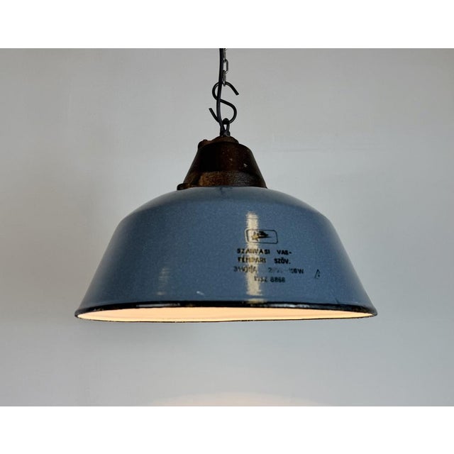 Blue Industrial Grey Enamel and Cast Iron Pendant Light, 1960s For Sale - Image 8 of 18