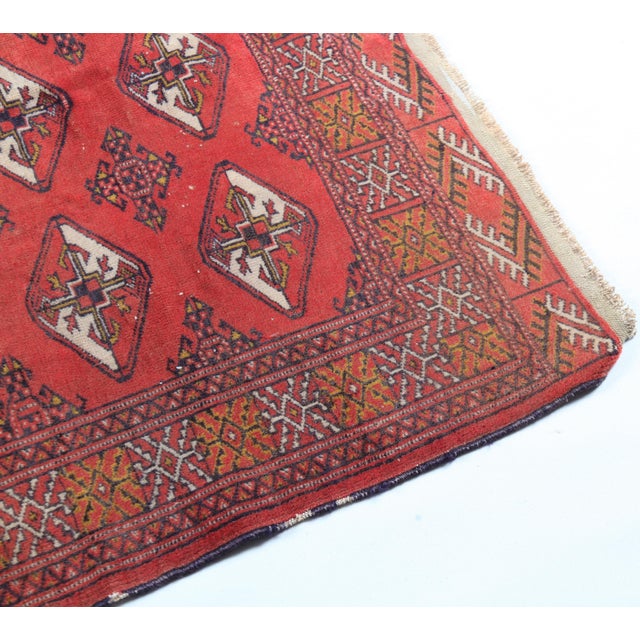 Vintage Turcoman Handwoven Rug – Red Diamond Medallion Design -3' 7'' X 4' 4'' For Sale In Tampa - Image 6 of 12