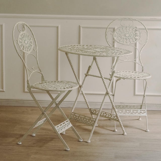 Folding Garden Seating Set with Openwork Ornamentation White Metal, Set of 3 For Sale - Image 3 of 15