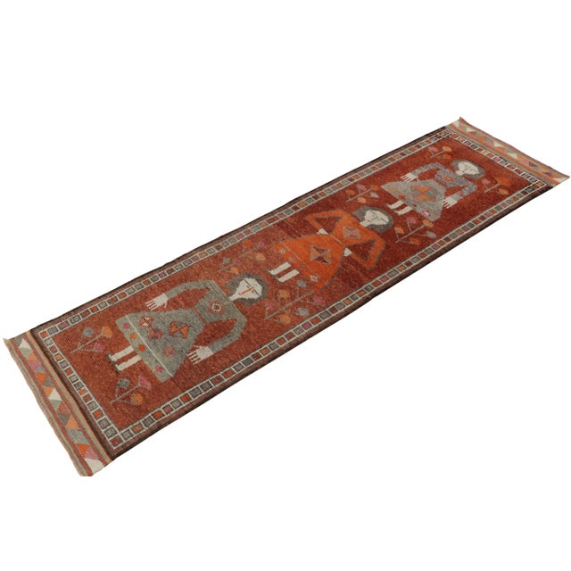 Tribal 1950s Vintage Tribal Runner in Rust, Orange and Gray Pictorials, Geometric For Sale - Image 3 of 7