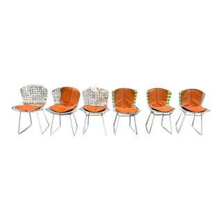 1960s Set of 6 Harry Bertoia for Knoll Wire Chairs Leather Cushions For Sale