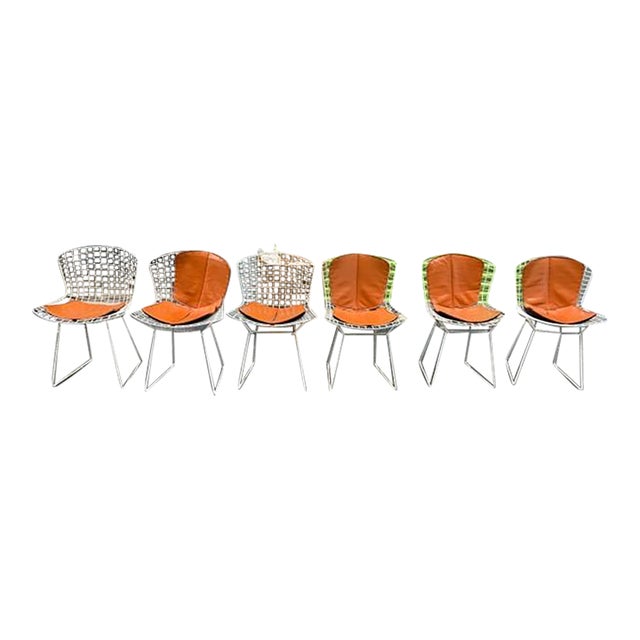 1960s Set of 6 Harry Bertoia for Knoll Wire Chairs Leather Cushions For Sale