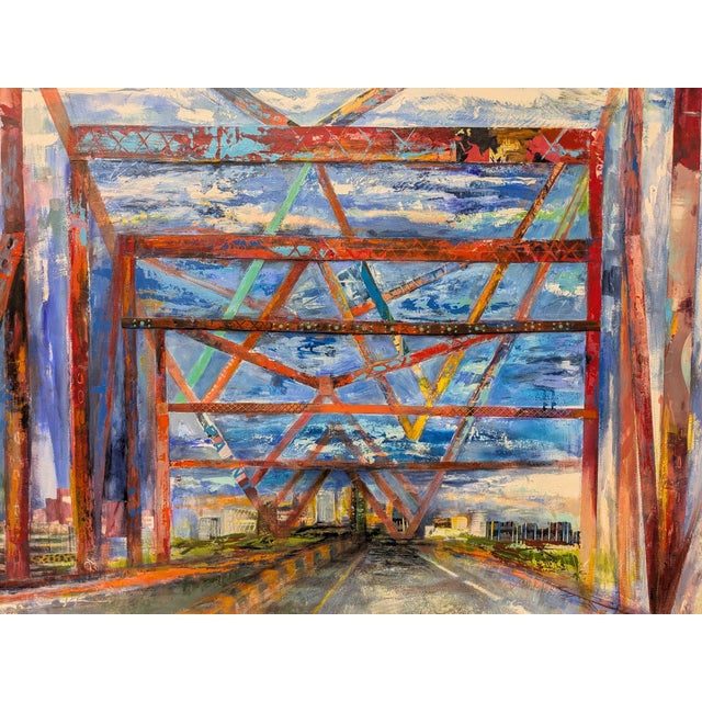 Title: Mathews Bridge II Artist: Marsha Glazière Medium: Acrylic, mixed media, crushed glass on canvas Dimensions: 60”W X...