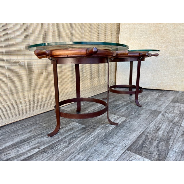 A Pair of Vintage Handcrafted Ship's Wheel Glass Top Side Tables. Circa 1970s For Sale - Image 4 of 18