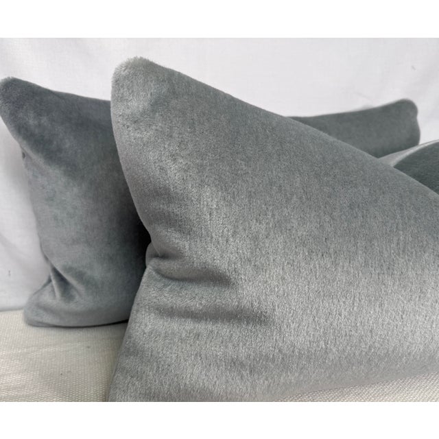 Custom pair of 12"x22" pillows covered in Rosemary Hallgarten "Antoinette Mohair" in color maya. These pillows are knife...