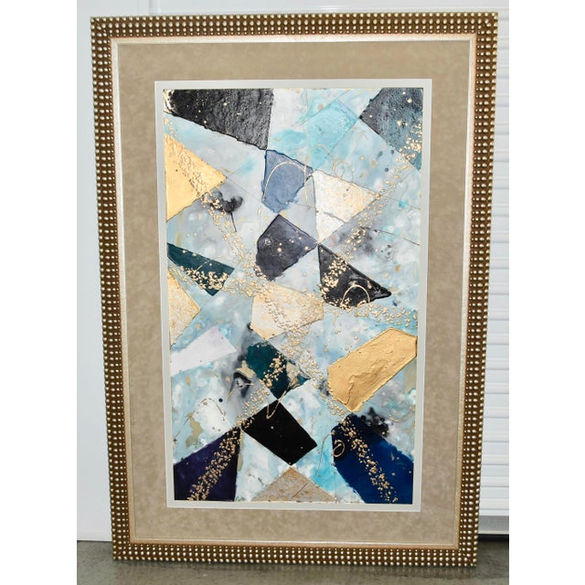 Beautiful Large contemporary abstract art mixed media encaustic painting rendered in vivid blues, golds, silver and other...