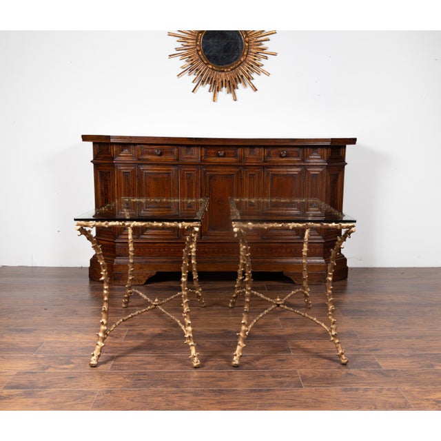 Mid-Century Modern Pair of Midcentury Gilt Bronze Glass Tops Console Tables with Faux Bois Motifs For Sale - Image 3 of 12