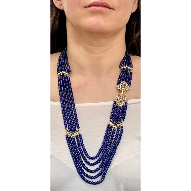 1000 Ct Natural Tanzanite Bead Five Strand Necklace + 4.5 Ct Diamond 14 K Y Gold For Sale - Image 13 of 18