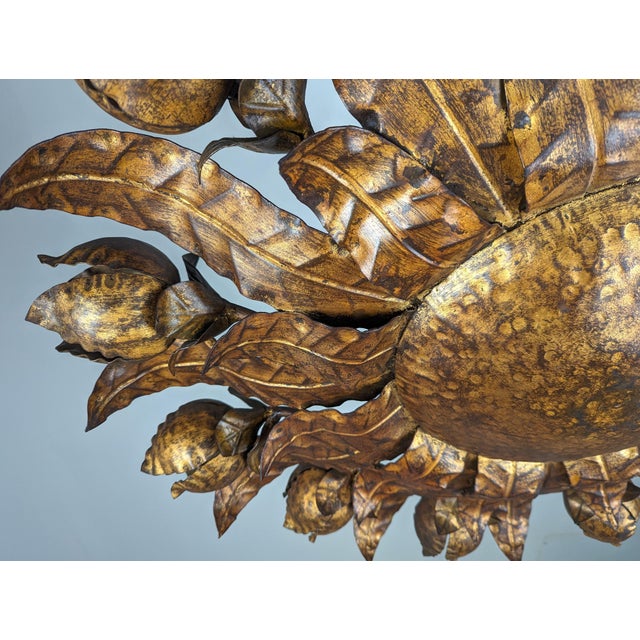 Large Mid-Century Gilt Metal Sunburst Ceiling Lamp with Floral Motif, 1950s For Sale - Image 4 of 14