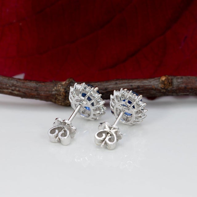 Metal 1.8Ct Ceylon Blue Sapphire Earrings With Diamond Accents: Solid 14k Gold, 7x5mm, Pair For Sale - Image 7 of 7