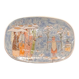 Late 20th Century Gerry Wallace Studio Pottery Hand Built Porcelain Oval Platter Whimsical Art For Sale