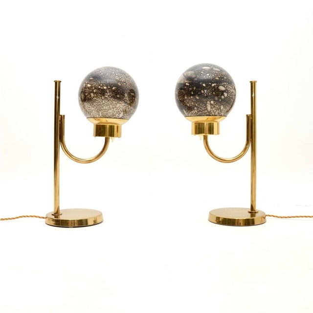 A stunning pair of vintage Swedish brass and glass table lamps by Bergboms, dating from around the 1970’s. They are large...