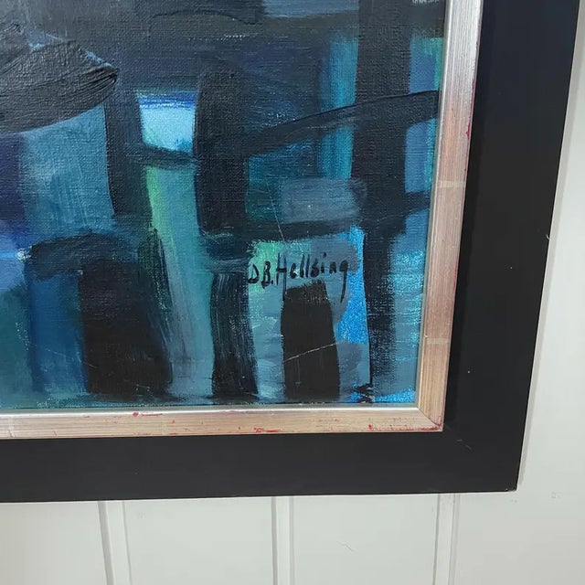 This is an expressive oil painting by Swedish artist Dag Björn Hellsing (1923-2006). We see a a moody Scandinavian harbor...
