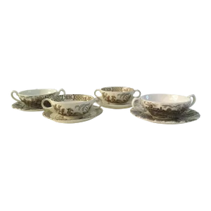 Vintage Staffordshire England Ironstone Consomme Cups & Saucers, 8 Pcs