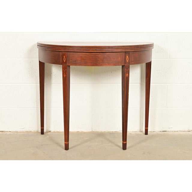 Baker Furniture Federal Inlaid Mahogany Flip-Top Demilune Console Table or Entry Table For Sale - Image 13 of 13