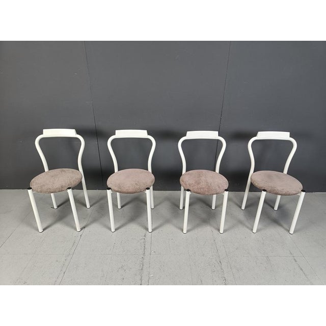 Vintage metal frame dining chairs by Calligaris with grey fabric chairs. 1980s - Italy Very good condition Dimensions...