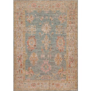 Light Blue Background Turkish Oushak Design Modern Room Size Rug For Sale