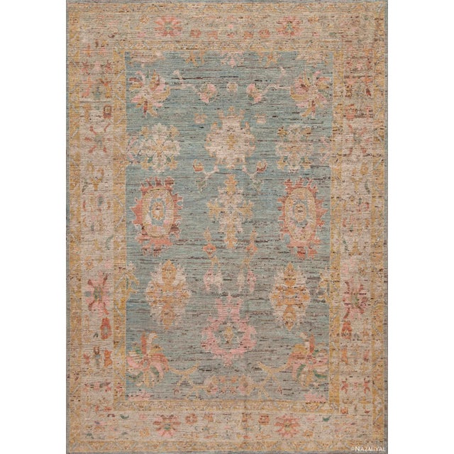 Light Blue Background Turkish Oushak Design Modern Room Size Rug For Sale